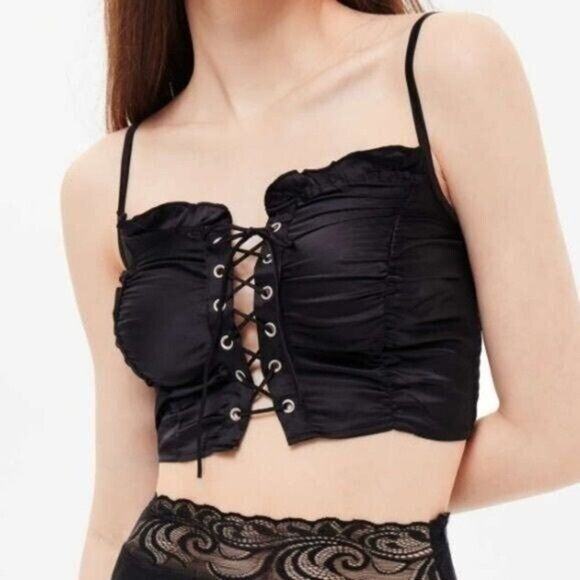Cider Tops - NWT Lace Up Bustier Corset Eyelet Detail Smock Crop Top Adjustable Strap S Black